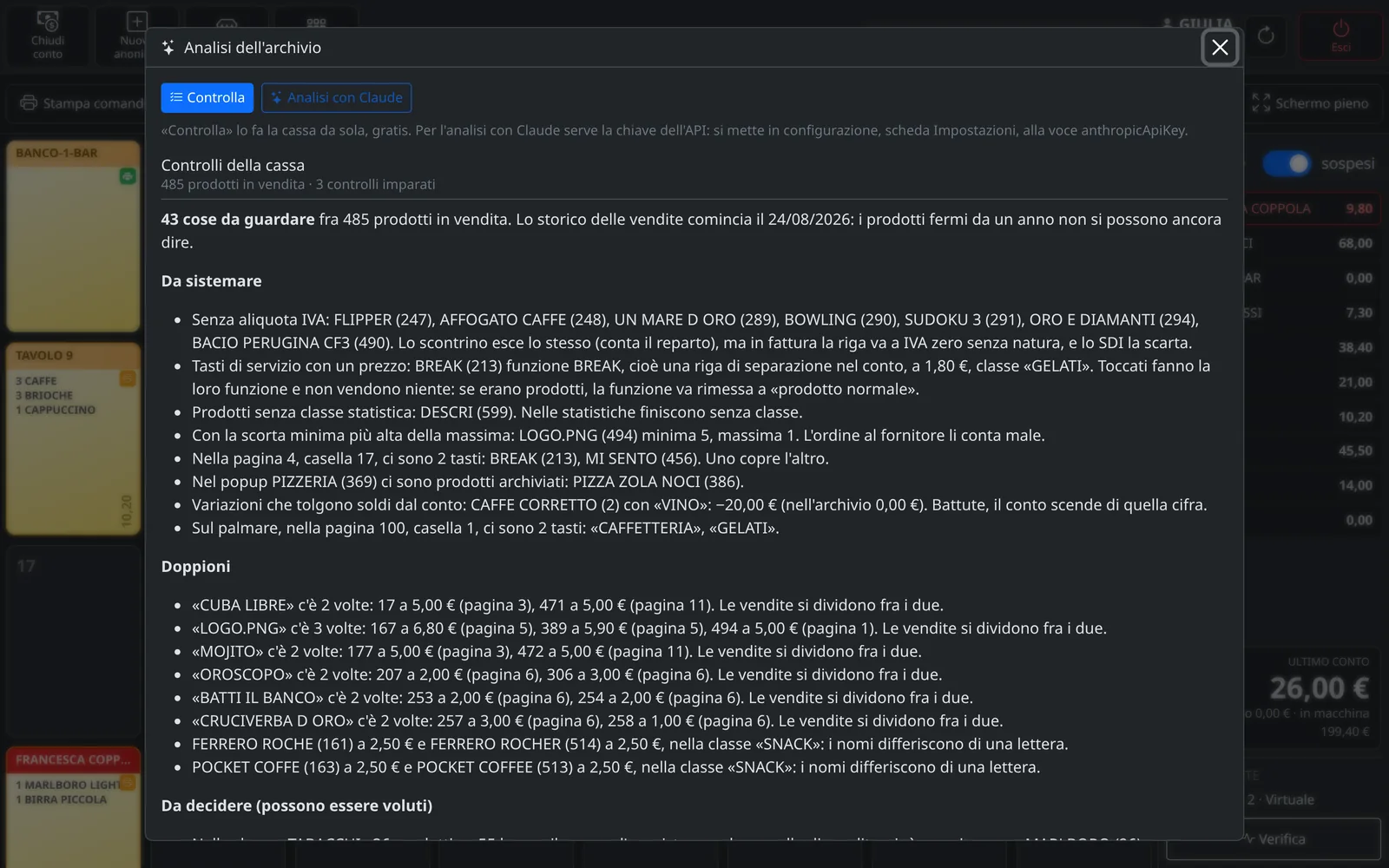 Rapporto dei controlli dell'archivio dei prodotti con l'elenco delle cose da sistemare e dei doppioni