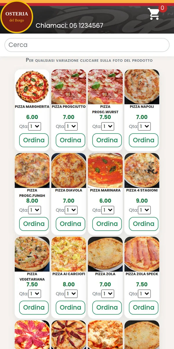 Catalogo delle pizze con le foto visto dal telefono