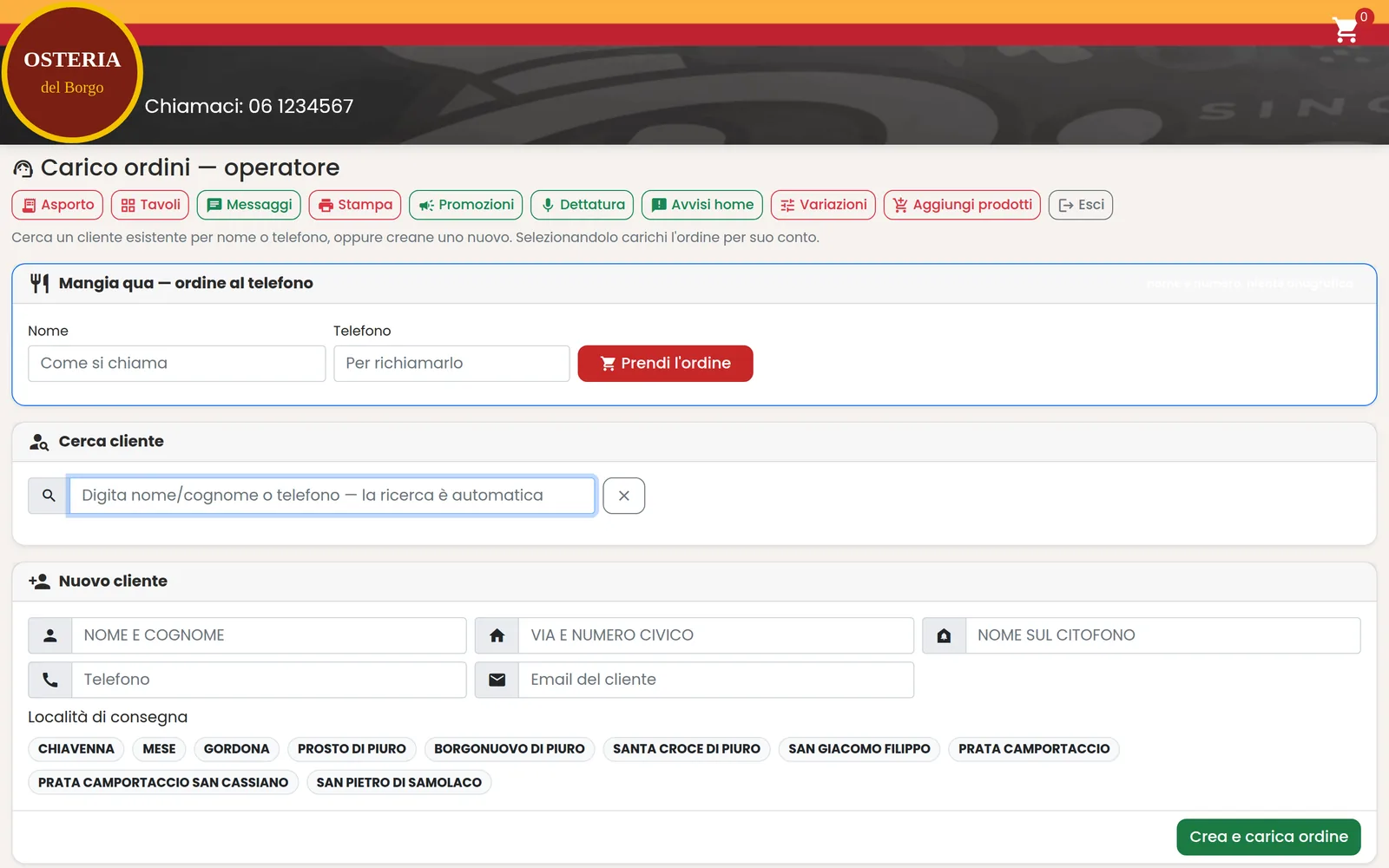 Console di gestione del sito con il carico ordini dell'operatore