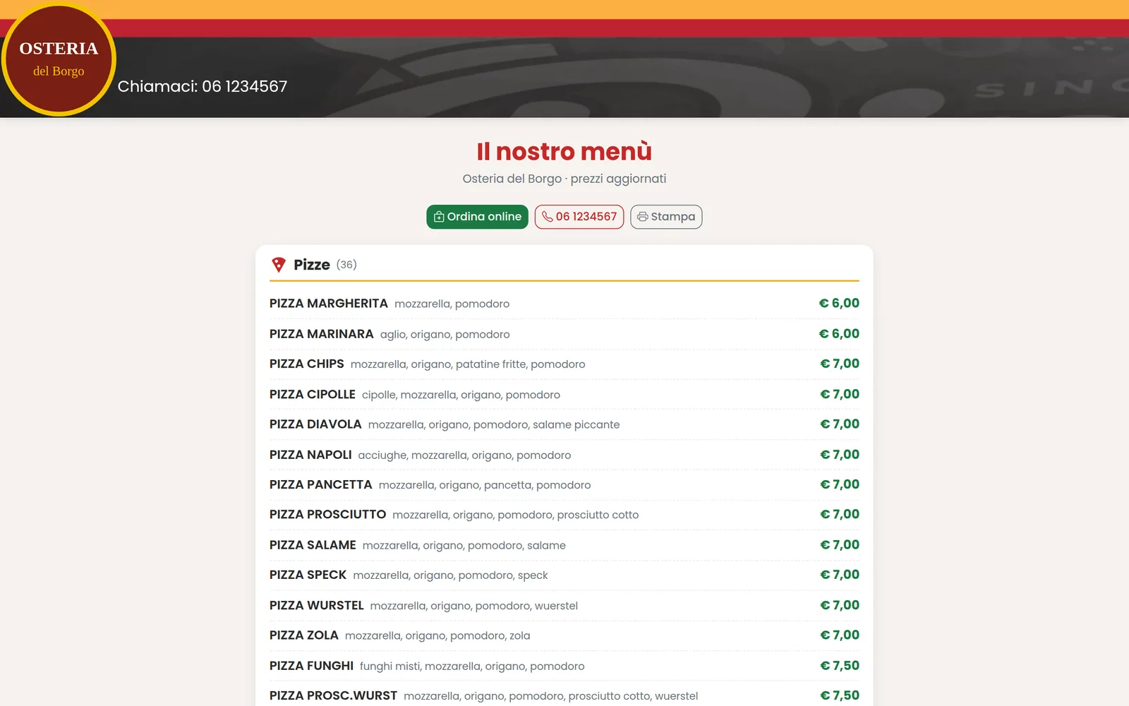 Menù pubblico del locale con le pizze e i prezzi