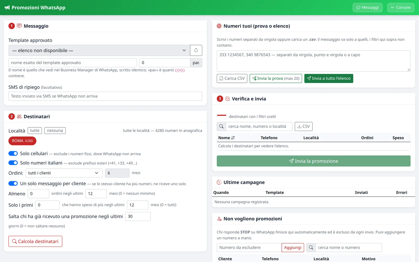 Pagina delle promozioni WhatsApp con i filtri dei destinatari